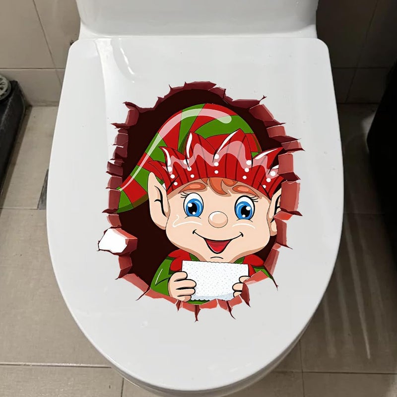 Iprokiu Christmas Toilet Sticker Santa Claus Reindeer Elf Toilet Seat Cover Decal Waterproof Christmas Crack Toilet Seat Lid Decal Snowman Elk Washroom Decoration (Elf) - Image 2